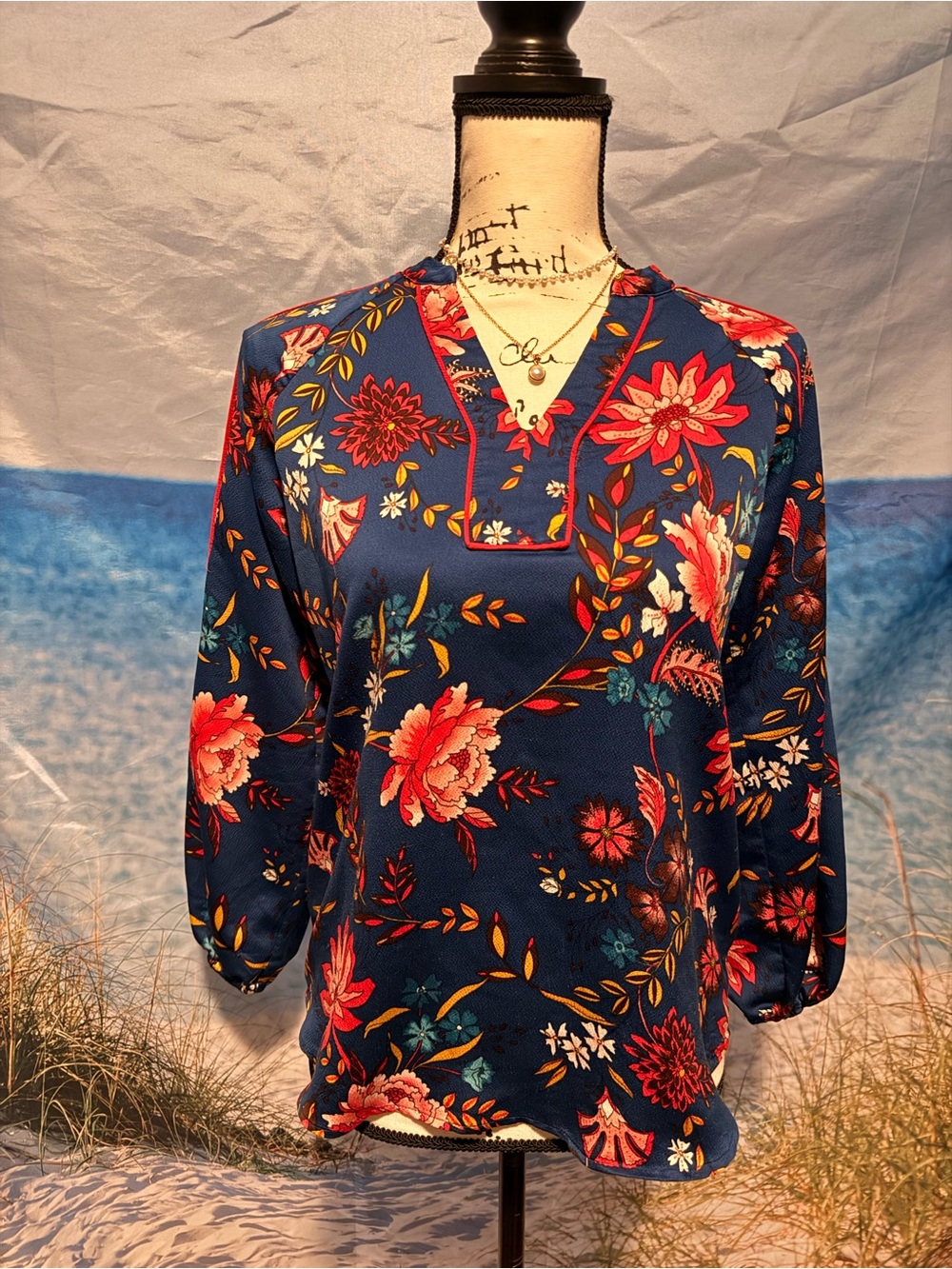 LOFT Navy Floral V-Neck Blouse with Red and Pink Blooms ::See Description::